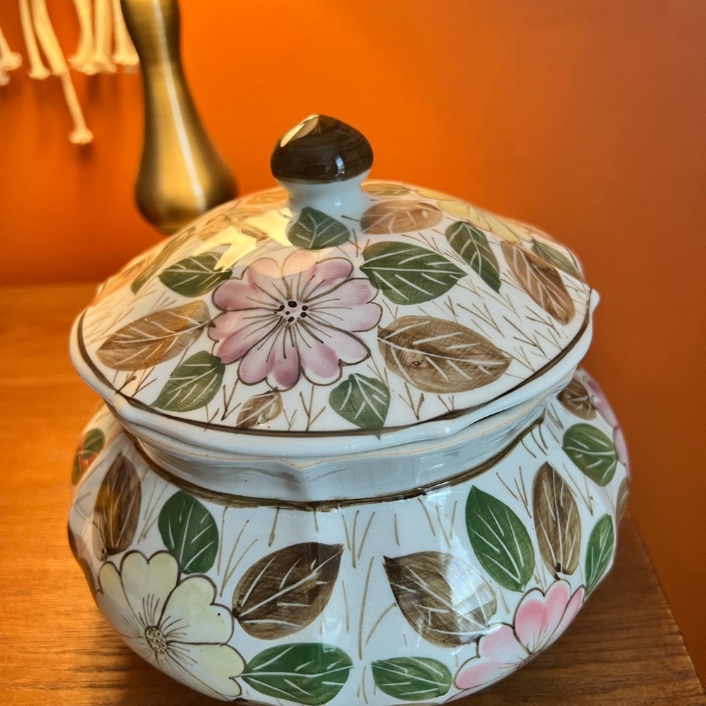 Nora Fenton Handcrafted Ceramic Bowl with Pink and Green Floral Design